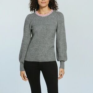 Halogen Gray Ribbed Puff Sleeve Crew Neck Sweater Neon Pink‎ Trim Large Womens